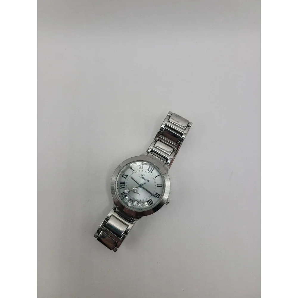 Geneva Women's Silver Tone Quartz Watch White Roman Numeral Dial Floating Crysta